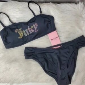 NWT JUICY COUTURE Rhinestone Bandeau Bikini Set Black Size M